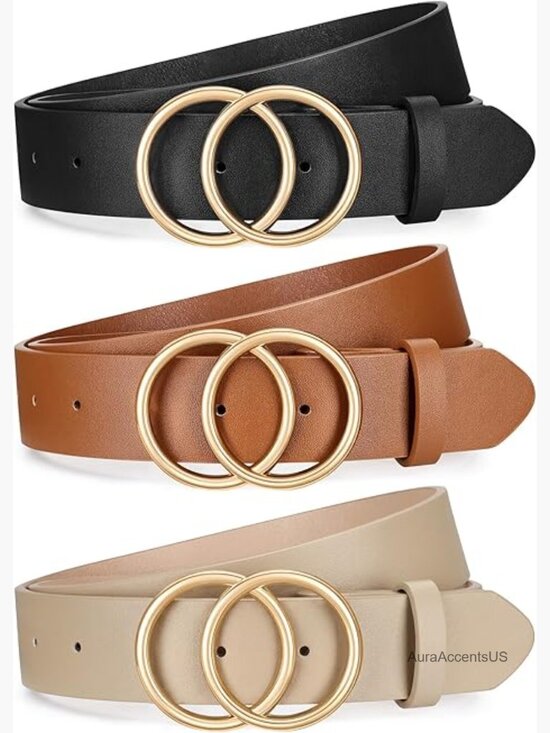 3-Pack Ladies Faux Leather Belt Set with Double O-Ring Gold Buckle main image 6